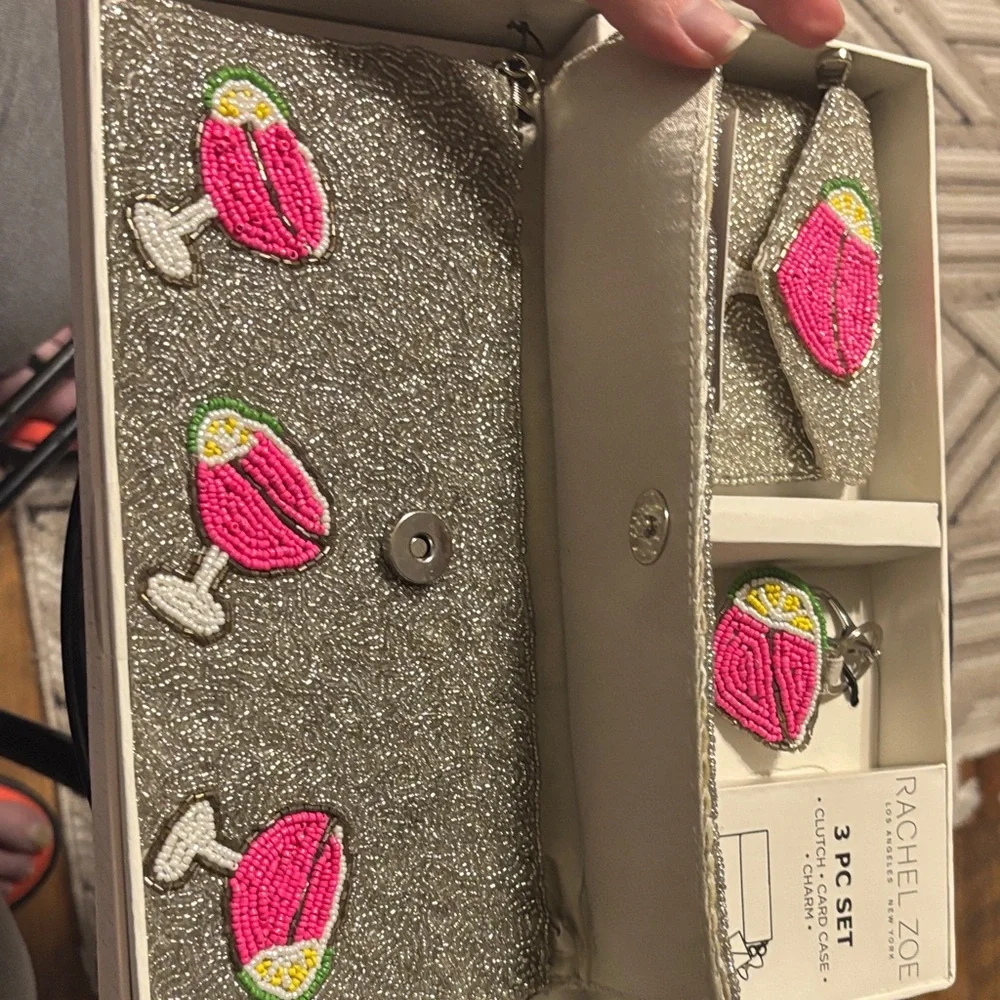 Summer‎ Colors Rachel Zoe Beaded Silver Clutch and Wristlet Set Pink Yellow